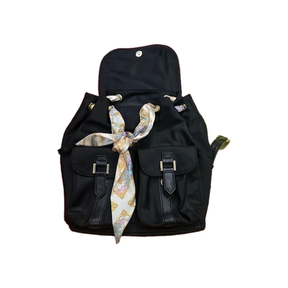 Sam Edelman‎ Black Nylon Backpack Gold Hardware Scarf Drawstring Flap Pocket...
